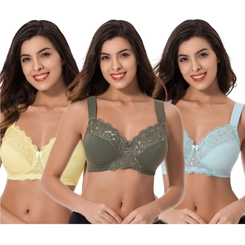 🆕 Plus Size Unlined Minimizer Wirefree Bras with Embroidery Lace-3Pack
